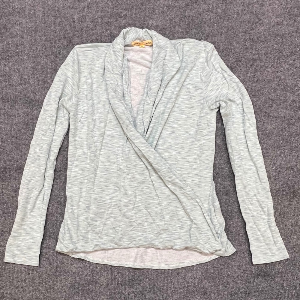 Mesh+Lace Draped Top Women S Gray Good Space Dye Surplice Long Sleeve